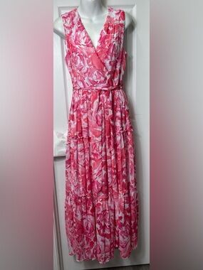 Calvin Klein Pink Floral Tiered Sleeveless Maxi Dress Size 14